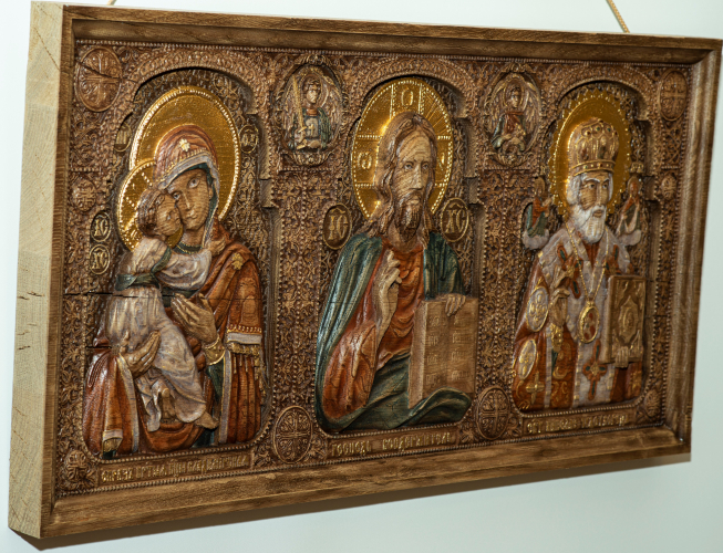 Икона-триптих Богоматерь Казанская, Иисус Христос Спаситель, Николай Чудотворец.