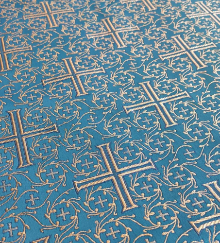 Ткань для пошива облачений голубая золотистый крест