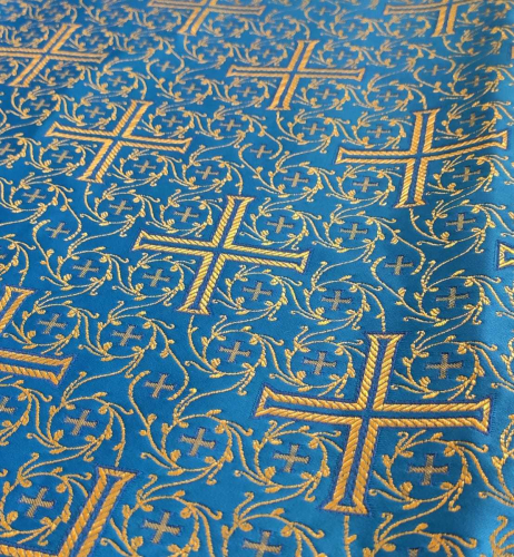 Ткань для пошива облачений синяя золотистый крест
