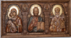 Икона-триптих Богоматерь Казанская, Иисус Христос Спаситель, Николай Чудотворец.